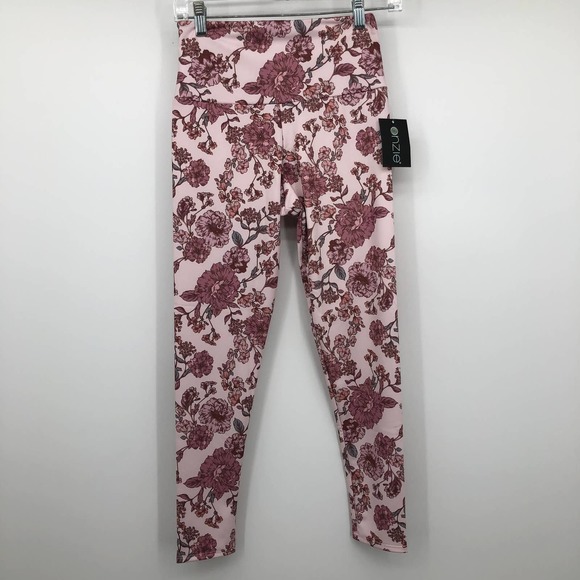 New Onzie Pink Floral Leggings Womens Small Medium High Rise Blush - Picture 2 of 7